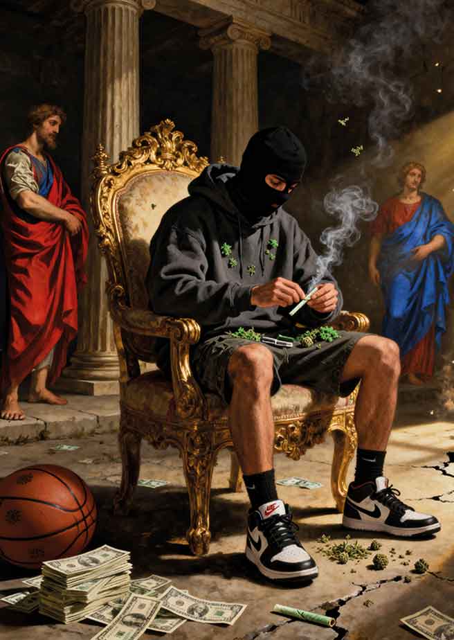 Ilustración artística urbana Happy Chilling: Personaje con pasamontañas, zapatillas clásicas y estética renacentista moderna con accesorios de parafernalia.